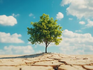 small green tree growing in dry sandy terrain with cracks on sunny day - ai
