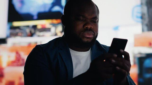 African american person being immersed in excessive information, depicting the crisis and paranoia of social addiction. Dangerous social media overuse, mental health deterioration. Camera B.