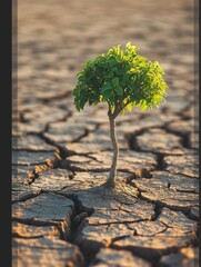 small green tree growing in dry sandy terrain with cracks on sunny day - ai
