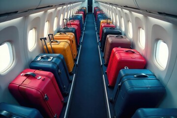 Overhead view of a spacious luggage hold in an airplane, neatly organized with various suitcases and bags ready for travel , organization, overhead bin, suitcases