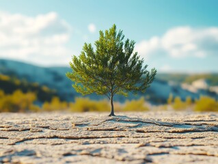 small green tree growing in dry sandy terrain with cracks on sunny day - ai