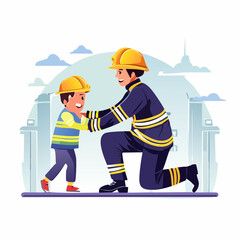 Fototapeta premium Vector illustration of firefighters extinguishing a building fire with hoses