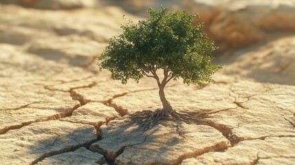small green tree growing in dry sandy terrain with cracks on sunny day - ai