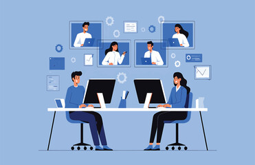 Remote Team Collaboration Vector Illustration of Virtual Meeting