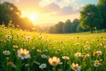 Obraz premium Golden sunlight bathes a vast meadow, wildflowers swaying gently in the breeze A breathtaking scene of nature's beauty, perfect for idyllic or fantasy themes , golden light, blossom