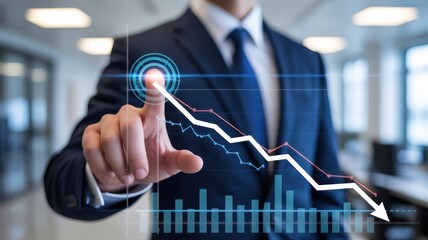 A downward trend in business metrics is displayed on a touch screen.