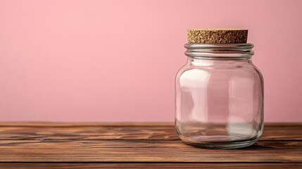 Empty glass jar with cork lid on wooden table against pink background