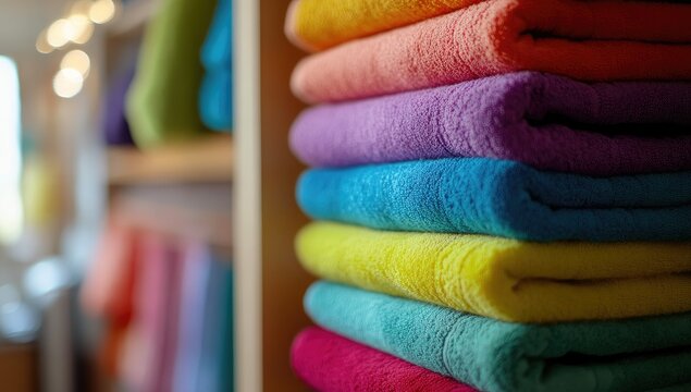 Stacked colorful towels on shelves