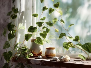 urban jungle windowsill with climbing vines and ceramic pots, photorealistic