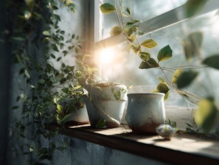 urban jungle windowsill with climbing vines and ceramic pots, photorealistic
