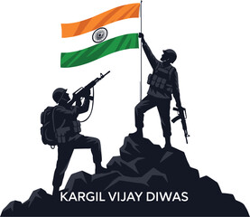Soldiers raising the indian flag on a mountain top for kargil vijay diwas celebration day