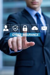 Businessperson selecting cyber insurance options on a touch screen.