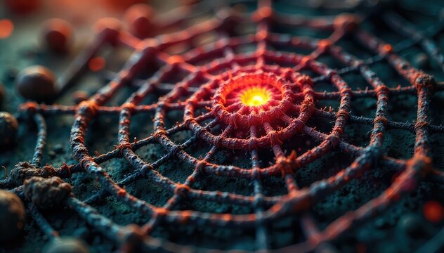 A close-up shot of a meticulously crafted, intricate web of lies, woven from threads of deceit and half-truths, representing the deceptive nature of novel lies , deceit, enigma, complex