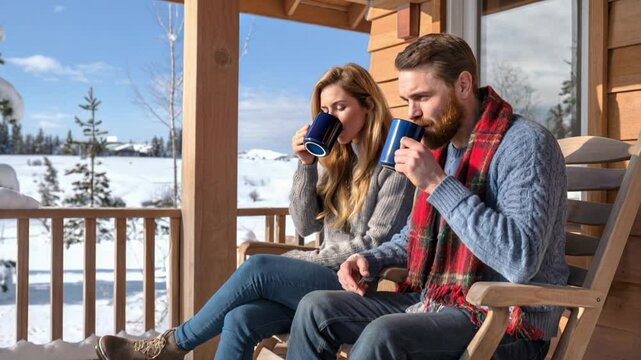 Winter Porch Couple Man Woman Blond Cozy Pine Coffee Tea 