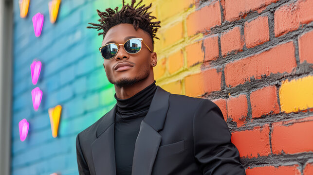 Stylish androgynous youth in gender fluid fashion poses confidently against vibrant wall