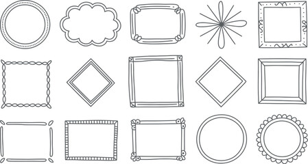 Collection of fifteen hand drawn doodle frames including circles squares diamonds and cloud shapes