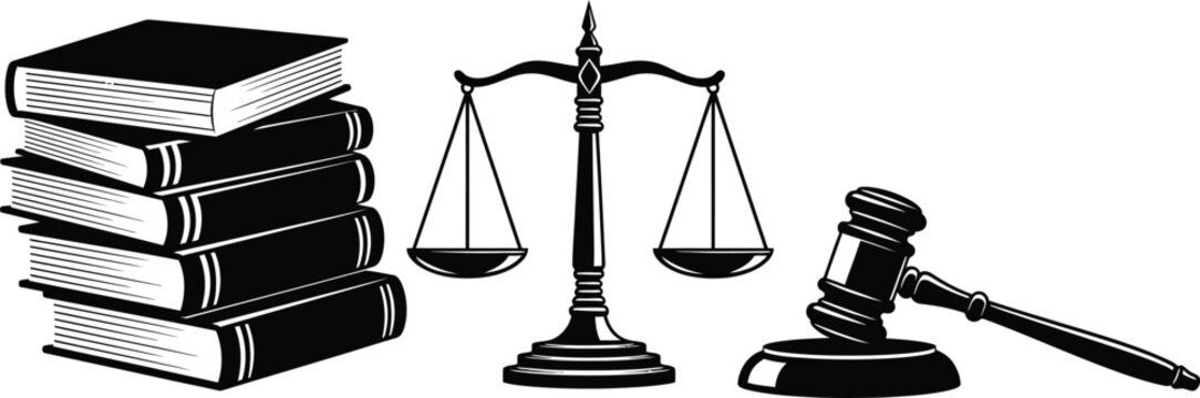 A graphic illustration of a stack of books scales of justice and a gavel on a white background - Powered by Adobe