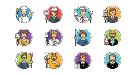Diverse Array of Professional Person Icons Representing Various Occupations and Fields of Expertise