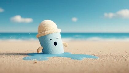 Sad ice cream melting on a sunny beach during summer vacation
