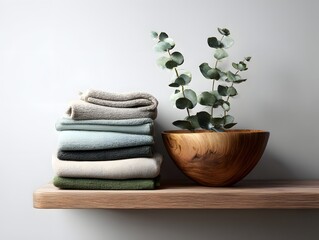 shelf styling with stack of linen towels, wooden bowl, and eucalyptus, photorealistic