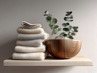 shelf styling with stack of linen towels, wooden bowl, and eucalyptus, photorealistic