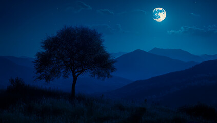 Fototapeta premium The silhouette of a solitary tree stands out clearly against the backdrop of distant mountains, illuminated by the bright full moon in the night sky, creating a tranquil atmosphere.