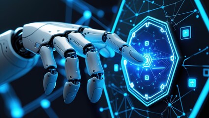 Advanced robotic hand interacting with a futuristic digital interface displaying network data