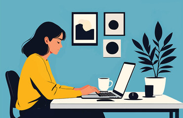Woman Working from Home on Laptop, Vector Illustration
