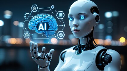 Humanoid robot interacting with glowing ai brain interface in futuristic city