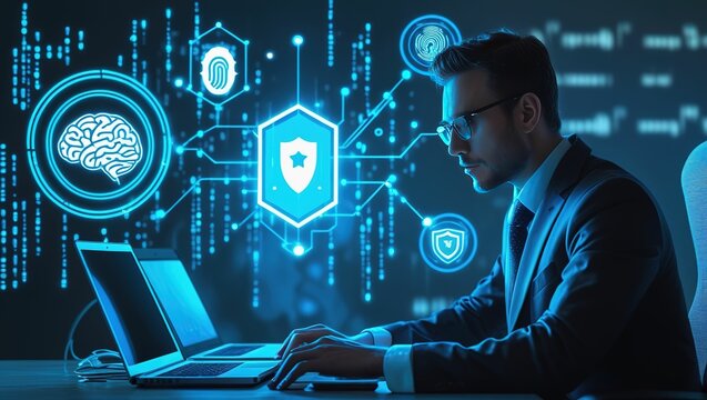 Man in suit working on laptop with futuristic digital interface and security icons