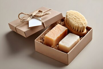 eco gift set with soaps, brush, and note card in kraft box, photorealistic, soft light and shadows