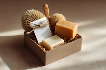 eco gift set with soaps, brush, and note card in kraft box, photorealistic, soft light and shadows