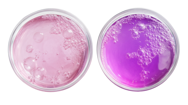 two round petri dishes with pink and purple color on white background