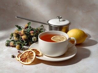 herbal tea setup with teacup, strainer, dried lemon slices, photorealistic, wellness vibe