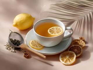 herbal tea setup with teacup, strainer, dried lemon slices, photorealistic, wellness vibe