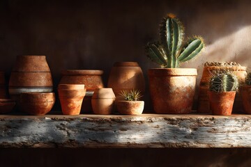 terracotta pot collection on reclaimed shelf with cactus, photorealistic, desert tones