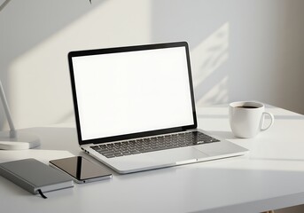 Fototapeta premium Modern Minimalist Workspace Laptop Mockup with Blank Screen, Ideal for Website or App Presentation