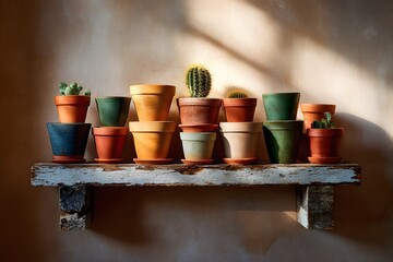 terracotta pot collection on reclaimed shelf with cactus, photorealistic, desert tones