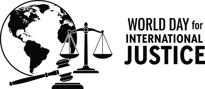 World day for international justice graphic with globe scales and gavel illustration in black and white - Powered by Adobe