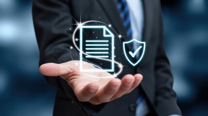 Hand presenting a document with a security symbol.