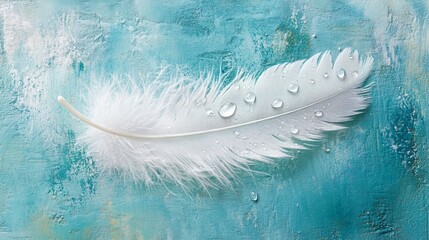 Transparent water droplets on white bird's feather on blue and turquoise background,  - ai