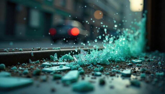 Close-up of a shattered window, shards of glass scattered on the ground, depicting the aftermath of a violent crime scene A sense of destruction and chaos is evident , evidence, city, community