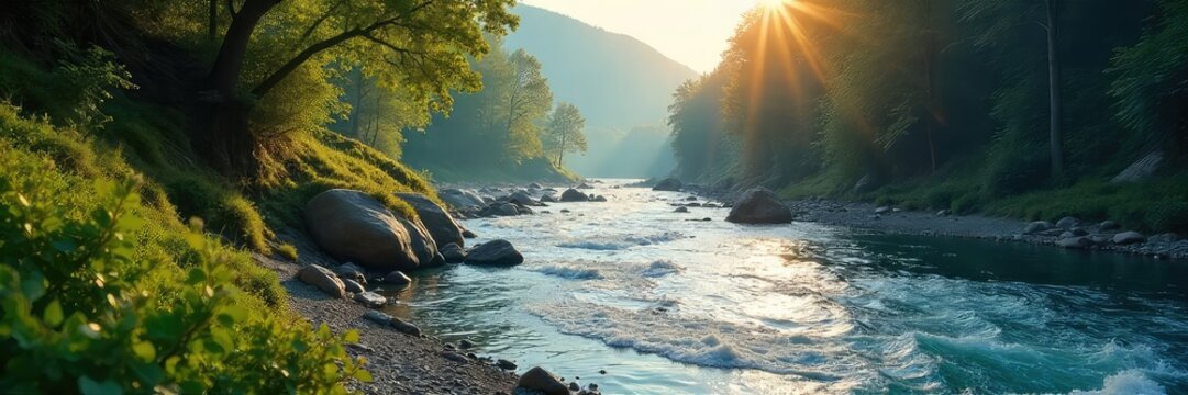 A multigenerational family's journey symbolized by a flowing river; representing life's currents and interconnectedness, from source to sea , water, nature