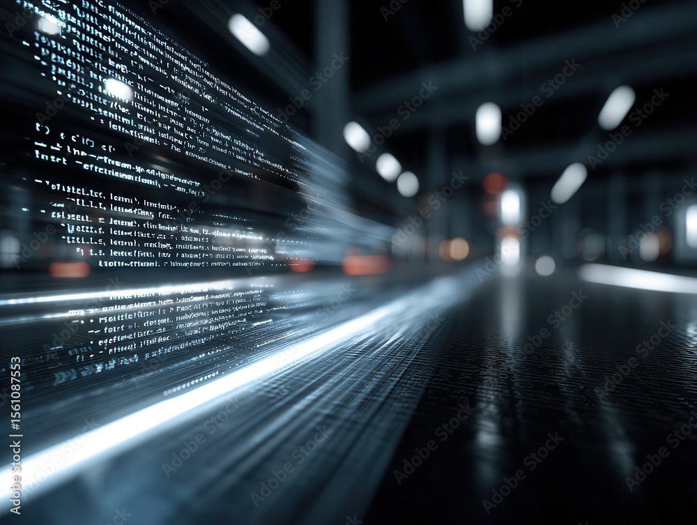 Wall mural lines of code flowing in cyberspace creating a futuristic data stream