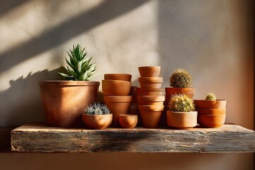terracotta pot collection on reclaimed shelf with cactus, photorealistic, desert tones