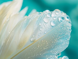 Transparent water droplets on white bird's feather on blue and turquoise background,  - ai