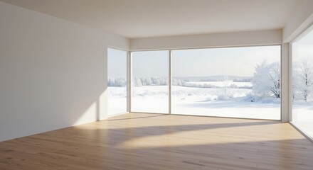 Empty room with snow scene background, There are white wall, wooden floor and ceiling.There are big windows look out to see nature view.