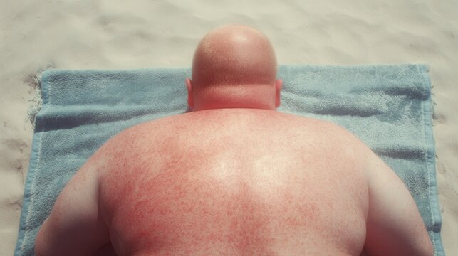 Sunburned man relaxing on beach towel suffering from sunburn