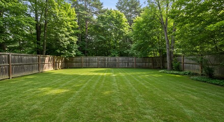 Empty green lawn with wooden fence surrounded by nature background