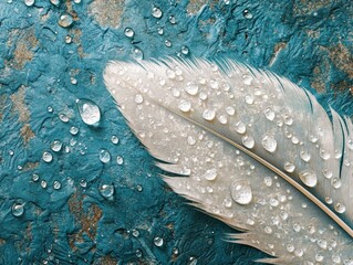 Transparent water droplets on white bird's feather on blue and turquoise background,  - ai